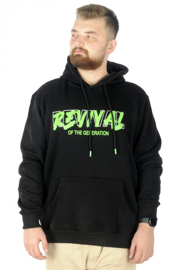 Mode XL Büyük Beden Erkek Sweatshirt Kapşonlu Kanguru Revival 22545 Siyah