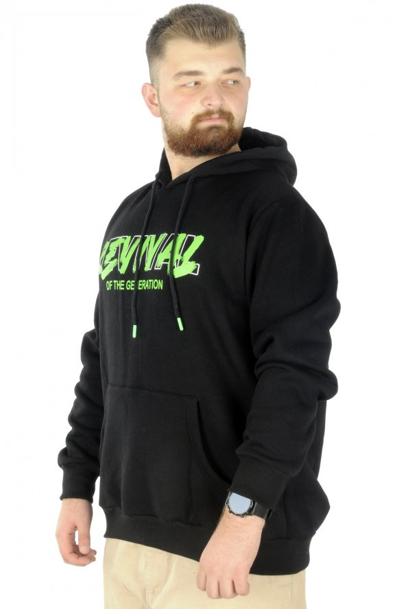 Mode XL Büyük Beden Erkek Sweatshirt Kapşonlu Kanguru Revival 22545 Siyah - 2
