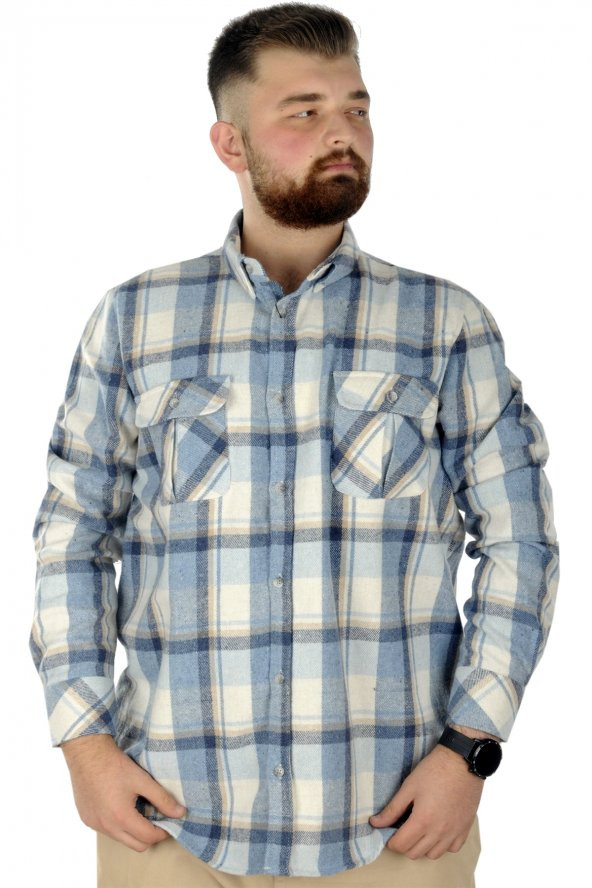 Mode XL Erkek Gömlek UKol Çift  Cep Kapaklı Oduncu 21392 Buz Mavi