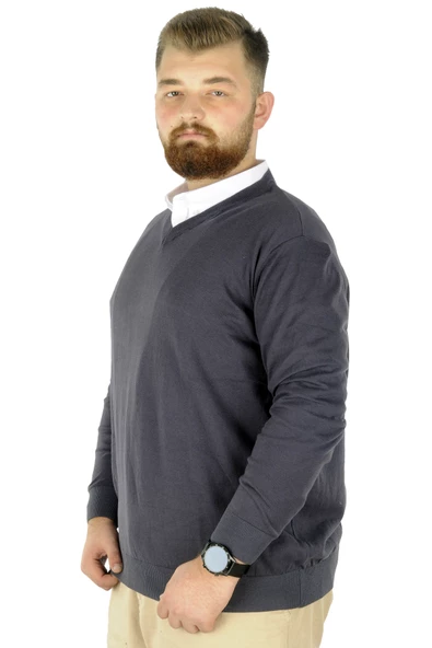 Mode XL Büyük Beden Kazak V Yaka 22206 Füme - 2