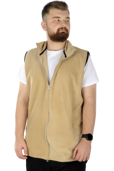 Mode XL Erkek Polar Yelek Dik Yaka Fermuarlı 22549 Bej - 4