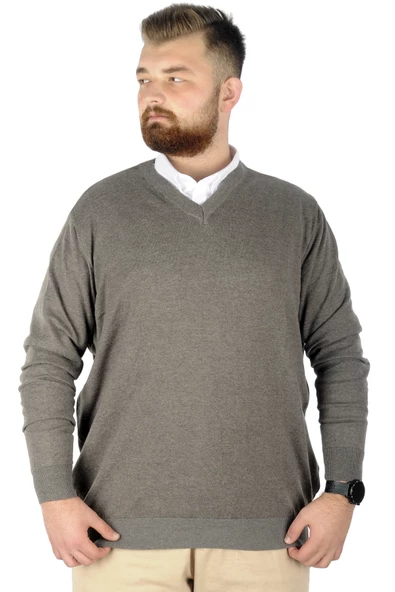 Mode XL Büyük Beden Kazak V Yaka 22206 Sütlü Kahve - 3