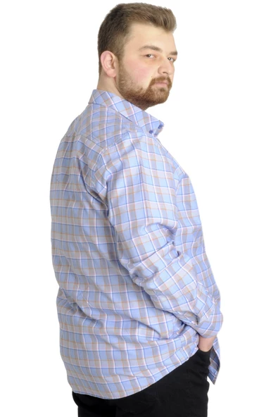 Mode XL Büyük Beden Erkek Ekose Uzun Kollu Cepli Gömlek 23300 Koyu Lila - 3