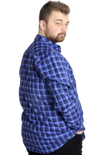 Mode XL Büyük Beden Erkek Gömlek Ekose Uzun Kollu 23300 İndigo - 4