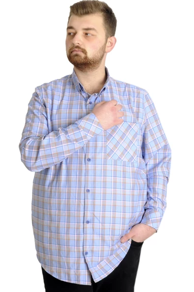 Mode XL Büyük Beden Erkek Ekose Uzun Kollu Cepli Gömlek 23300 Koyu Lila - 4