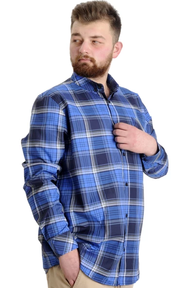 Mode XL Büyük Beden Erkek Gömlek Ekose Uzun Kollu 23300 Koyu Mavi - 3