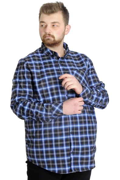 Mode XL Büyük Beden Erkek Gömlek Ekose Uzun Kollu 23300 Siyah - Resim 2