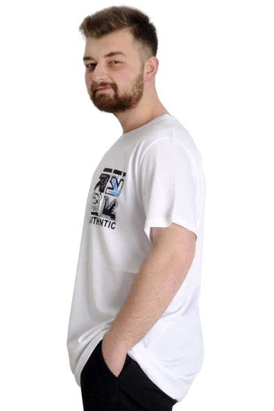 Mode XL Büyük Beden Erkek T-shirt AUTHENTIC 23140 Beyaz - Resim 3