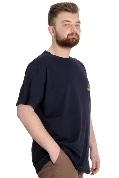 Mode XL Büyük Beden Erkek T-shirt BEST SCORE 23134 Lacivert - Resim 3