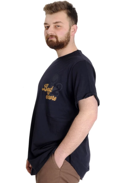 Mode XL Büyük Beden Erkek T-shirt BEST SCORE 23134 Lacivert - Resim 2