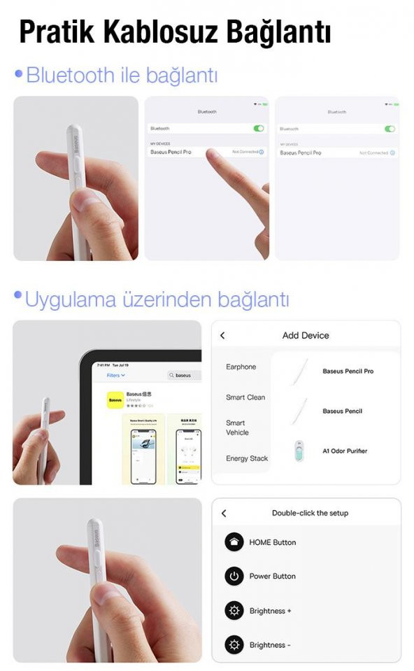 Baseus Led Işıklı Aktif Pasif Vers Avuç İçi Reddetme Şarjlı Kapasitif Stylus Tablet Dokunmatik Kalem - 6
