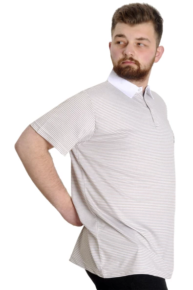 Mode XL Büyük Beden Erkek T-shirt Polo Yaka Çizgili KAGI 23340 Kahverengi - Resim 3