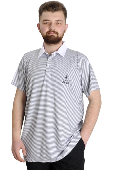 Mode XL Büyük Beden Erkek T-shirt Polo Yaka Çizgili KAGI 23340 Antramelanj ürün görseli 1