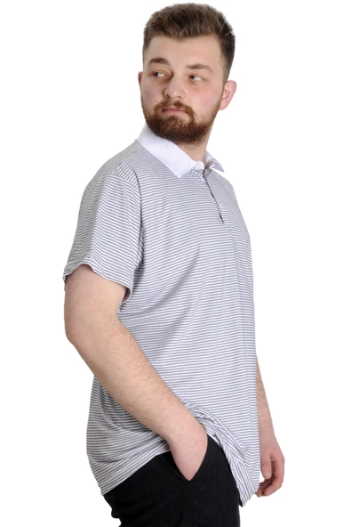Mode XL Büyük Beden Erkek T-shirt Polo Yaka Çizgili KAGI 23340 Antramelanj - Resim 3