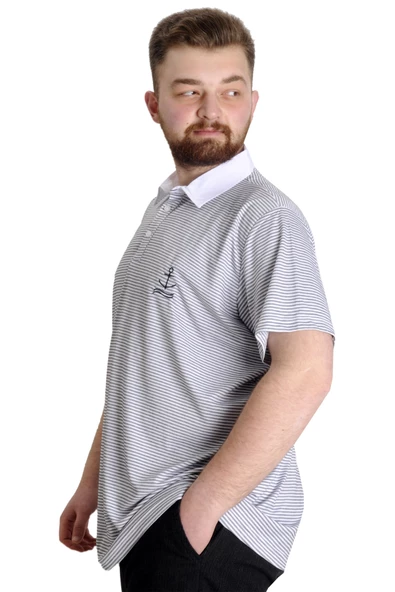 Mode XL Büyük Beden Erkek T-shirt Polo Yaka Çizgili KAGI 23340 Antramelanj - Resim 2