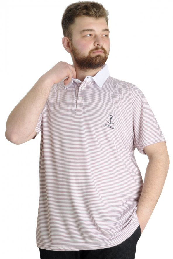 Mode XL Büyük Beden Erkek T-shirt Polo Yaka Çizgili KAGI 23340 Bordo