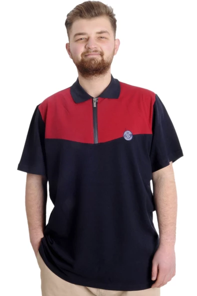 Mode XL Büyük Beden Erkek T-shirt Polo FRAGMENTED 23325 Lacivert-Bordo