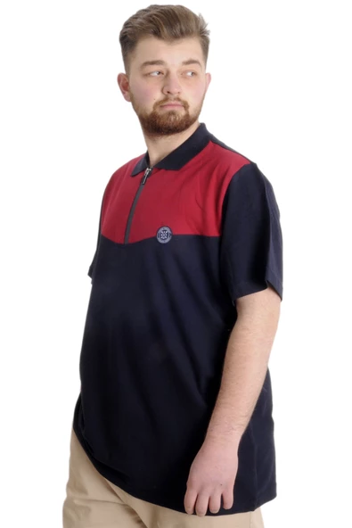 Mode XL Büyük Beden Erkek T-shirt Polo FRAGMENTED 23325 Lacivert-Bordo - 3