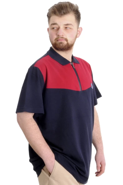 Mode XL Büyük Beden Erkek T-shirt Polo FRAGMENTED 23325 Lacivert-Bordo - 2