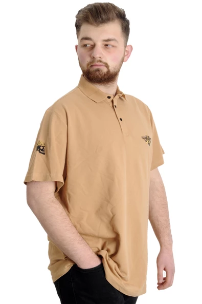 Mode XL Büyük Beden Erkek T-shirt Polo AIRFORCE 23337 Bej - Resim 3