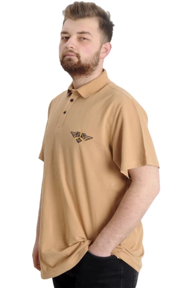 Mode XL Büyük Beden Erkek T-shirt Polo AIRFORCE 23337 Bej - Resim 2