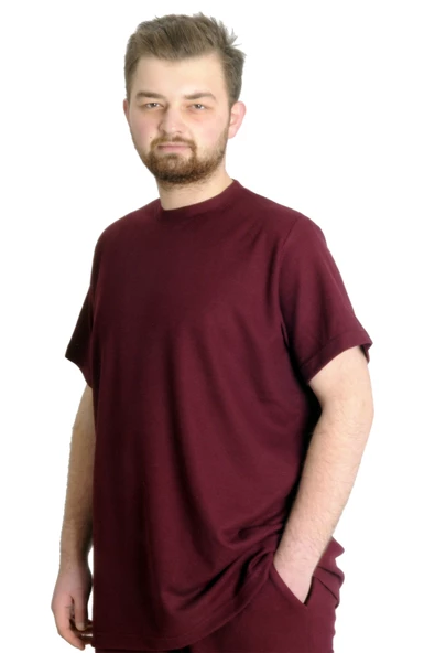 Mode XL Büyük Beden Erkek Bisiklet Yaka Basic T-shirt WAFFLE 23401 Bordo