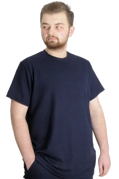 Mode XL Büyük Beden Erkek Bisiklet Yaka Basic T-shirt WAFFLE 23401 Lacivert - 2