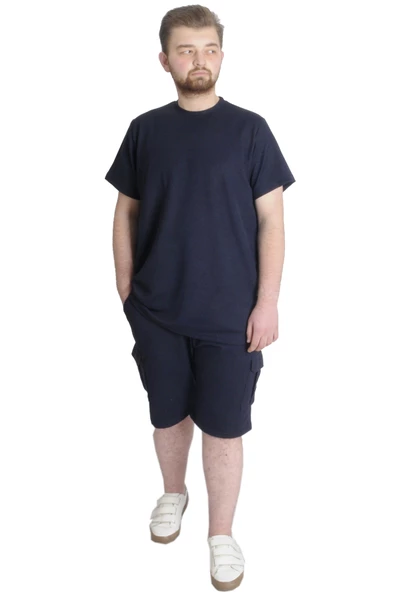 Mode XL Büyük Beden Erkek Bisiklet Yaka Basic T-shirt WAFFLE 23401 Lacivert - 5