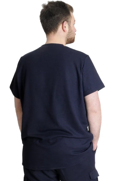 Mode XL Büyük Beden Erkek Bisiklet Yaka Basic T-shirt WAFFLE 23401 Lacivert - 4