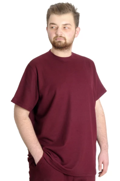 Mode XL Büyük Beden Erkek Bisiklet Yaka Basic T-shirt WAFFLE 23401 Bordo - 3