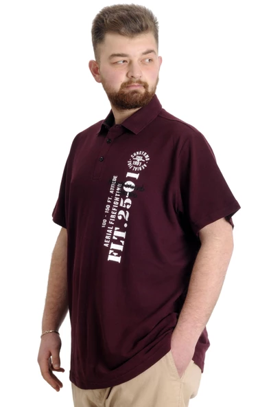 Mode XL Büyük Beden Erkek T-shirt Polo Parçalı FLT 23329 Mürdüm - Resim 2