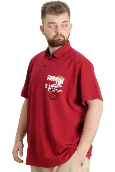 Mode XL Büyük Beden Erkek T-shirt Polo Parçalı SUMMER 23331 Bordo - Resim 2