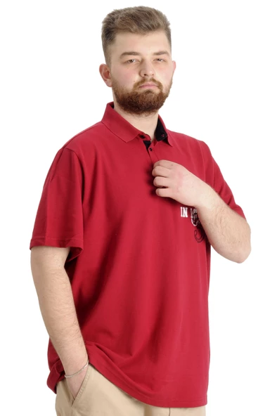 Mode XL Büyük Beden Erkek T-shirt Polo Parçalı SUMMER 23331 Bordo - Resim 3
