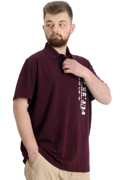 Mode XL Büyük Beden Erkek T-shirt Polo Parçalı FLT 23329 Mürdüm - Resim 3