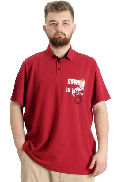 Mode XL Büyük Beden Erkek T-shirt Polo Parçalı SUMMER 23331 Bordo ürün görseli 1