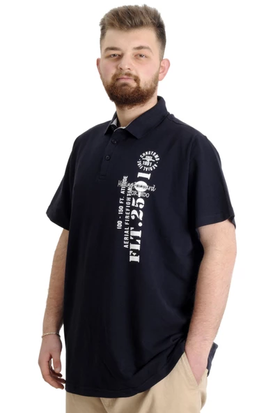 Mode XL Büyük Beden Erkek T-shirt Polo Parçalı FLT 23329 Lacivert - 2
