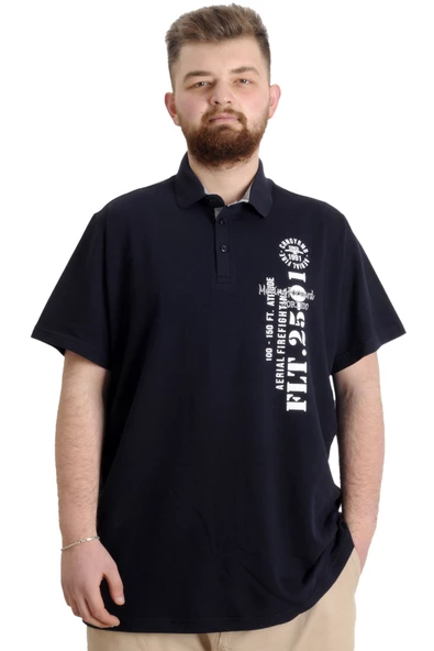 Mode XL Büyük Beden Erkek T-shirt Polo Parçalı FLT 23329 Lacivert
