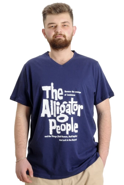 Mode XL Büyük Beden Erkek V Yaka T-shirt ALLIGATOR 23033 İndigo