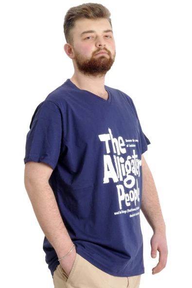 Mode XL Büyük Beden Erkek V Yaka T-shirt ALLIGATOR 23033 İndigo - 2