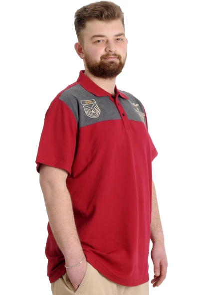 Mode XL Büyük Beden Erkek T-shirt Polo MILITARE 23327 Bordo - 2