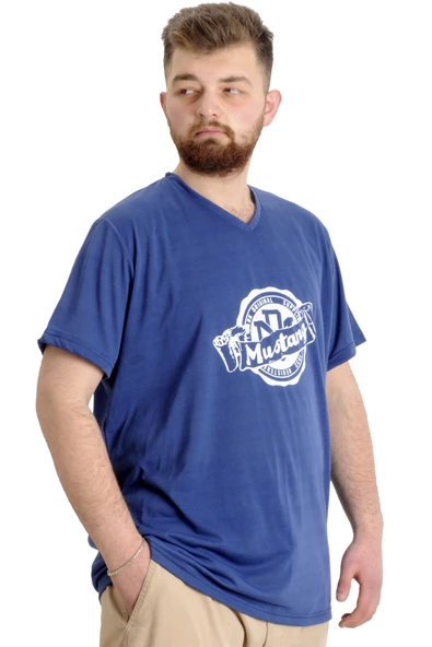 Mode XL Büyük Beden Erkek T-shirt V Yaka MUSTANG 23034 Mavi - 2