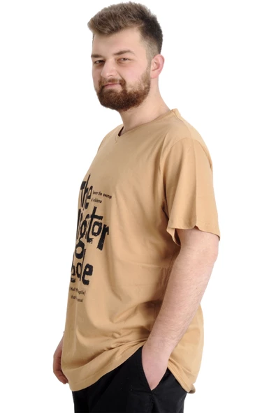 Mode XL Büyük Beden Erkek V Yaka T-shirt ALLIGATOR 23033 Bej - 3