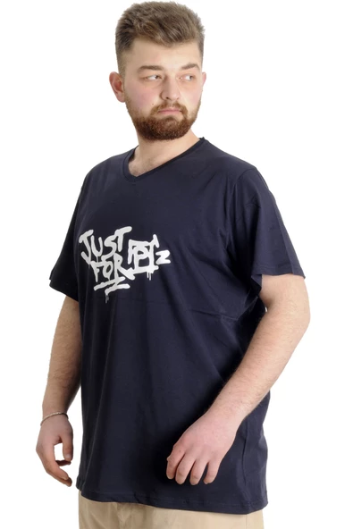 Mode XL Büyük Beden Erkek V Yaka T-shirt JUST 23032 Lacivert - 2