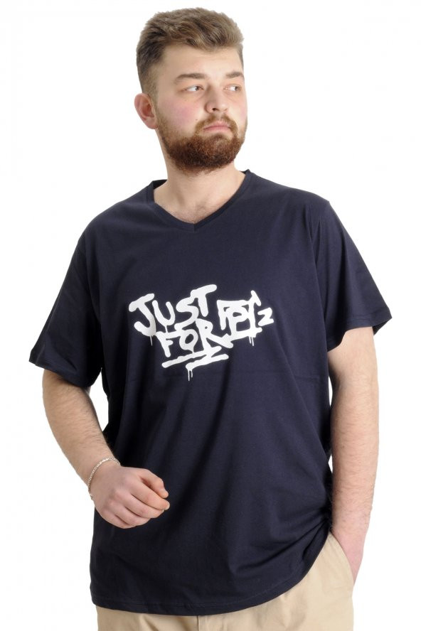 Mode XL Büyük Beden Erkek V Yaka T-shirt JUST 23032 Lacivert
