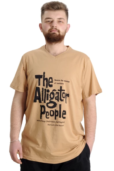 Mode XL Büyük Beden Erkek V Yaka T-shirt ALLIGATOR 23033 Bej