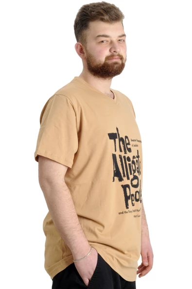 Mode XL Büyük Beden Erkek V Yaka T-shirt ALLIGATOR 23033 Bej - 2