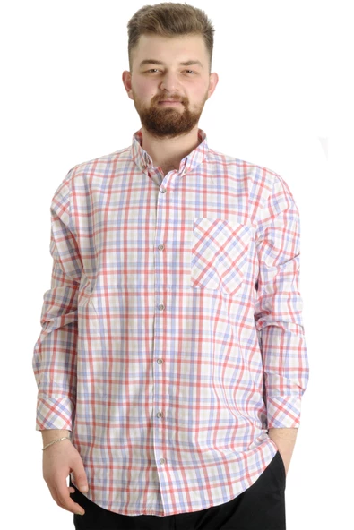 Mode XL Büyük Beden Erkek Gömlek Ekose Uzun Kollu 23300 Su Yeşili