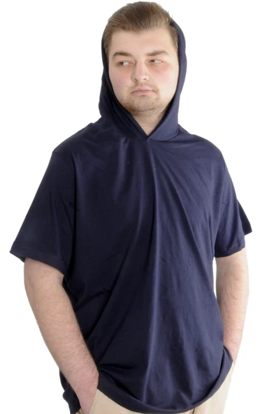 Mode XL Büyük Beden Erkek T-shirt Kapşonlu Kısa Kol 23118 Lacivert ürün görseli