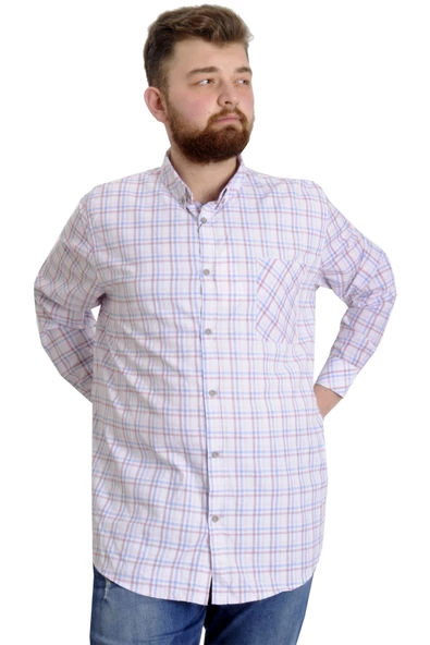 Mode XL Büyük Beden Erkek Gömlek Ekose Uzun Kollu 23300 Somon - 2