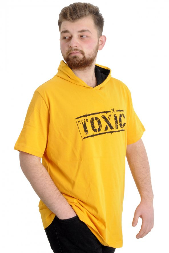 Mode XL Büyük Beden Erkek T-shirt Kapşonlu TOXIC 23119 Hardal - Resim 2